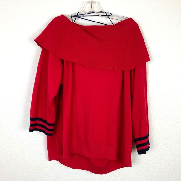 New TOMMY HILFIGER Women's 2X Off-The-Shoulder Sweater Red Navy Blue Stripe - Picture 5 of 6